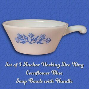Set of 3 Vintage Anchor Hocking Fire King Cornflower Blue Handled Soup Bowls